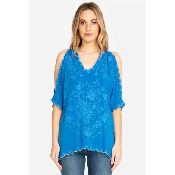 Johnny Was Kelly Cold Shoulder Blouse in Green - Picture 2 of 10